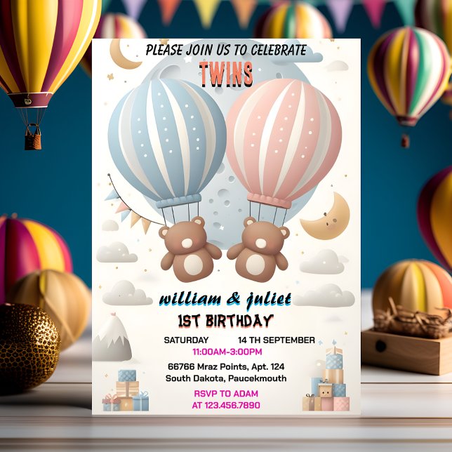 Zwei gemeinsame Bär Hot Air Ballon Twins 1. Geburt Einladung (Von Creator hochgeladen)