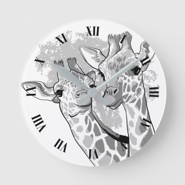 Zwei Giraffen in Schwarzweiß Runde Wanduhr (Vorderseite)