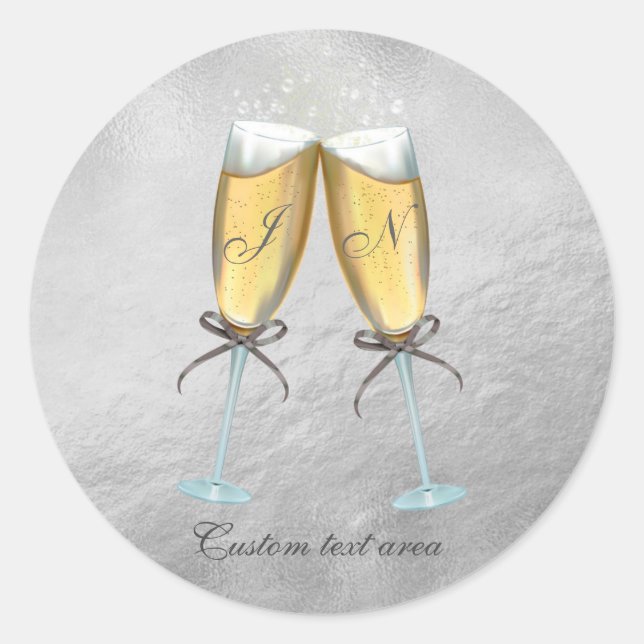 Zwei Gläser mit Bubbly Imitats belichten Silber Cu Runder Aufkleber (Vorderseite)