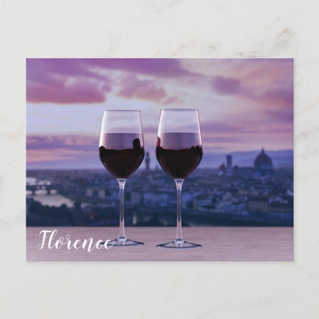 Zwei Gläser Rotwein auf der Silhouette von Florenz Postkarte (Vorderseite)