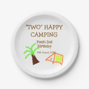 Zwei glückliche Camping-Kinder zum 2. Geburtstag B Pappteller