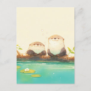 Zwei glückliche Otter auf einem Sommerstamm Postkarte