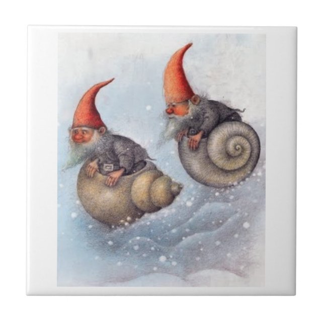 ZWEI GNOMESSNOWBOARDING AUF SCHNECKE-MUSCHELN FLIESE (Vorderseite)