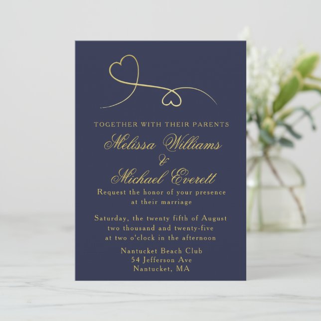 Zwei Gold Hearts | Einladung zur Hochzeit von Navy (Stehend Vorderseite)