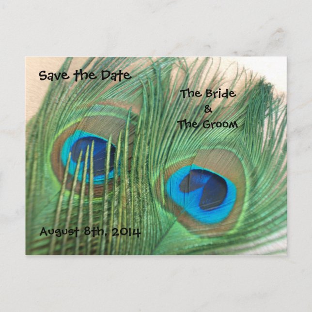 Zwei Golden Peacock Feathers Save the Date Ankündigungspostkarte (Vorderseite)
