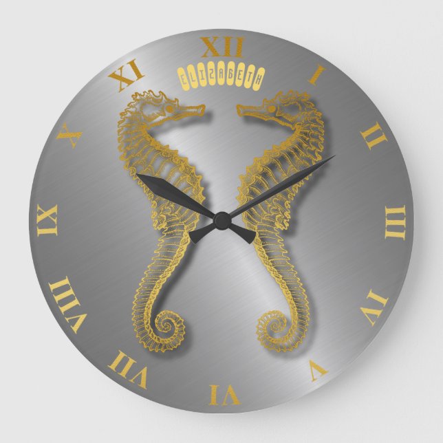 Zwei goldene Seepferd-Silhouetten 3d mit Schatten Große Wanduhr (Vorderseite)