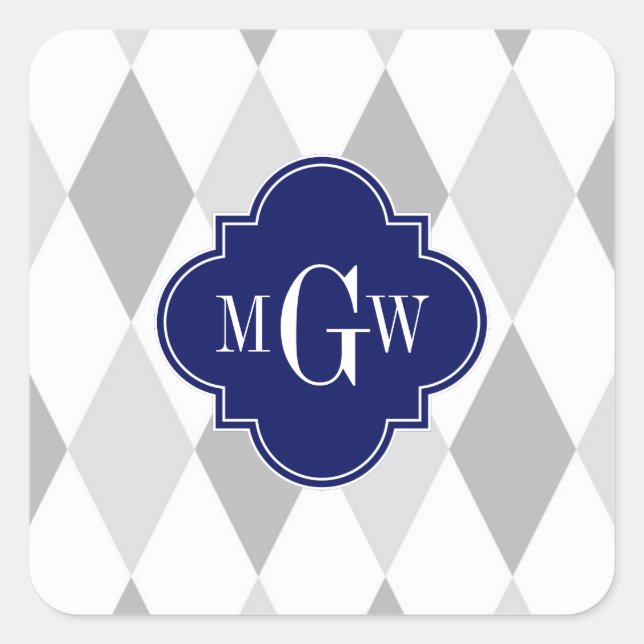 Zwei Gray Wht Harlequin Marine 3 Initial Monogram Quadratischer Aufkleber (Vorderseite)