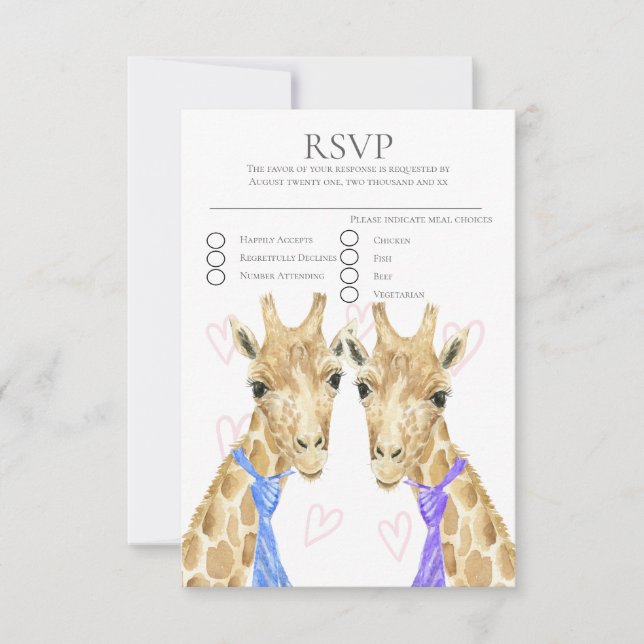 Zwei Groom Giraffe Gay Wedding RSVP Karte (Vorderseite)