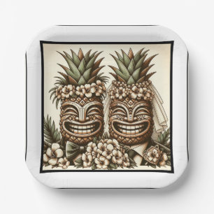 Zwei Grooms Gay Pineaple Tiki Head Retro Hochzeit Pappteller