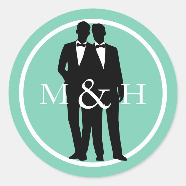 Zwei Grooms Gay Wedding Custom Color Monogram Runder Aufkleber (Vorderseite)