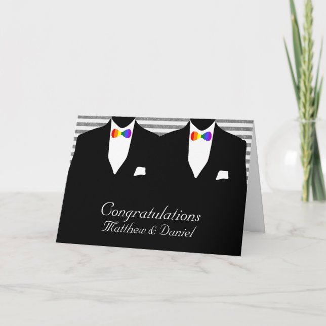 Zwei Grooms Rainbow Krawatte Hochzeit Glückwunsch Karte (Vorderseite)