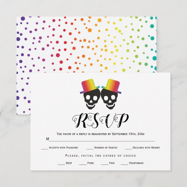 Zwei Grooms Regenbogenfarben Konfetti Homosexuelle RSVP Karte (Vorne/Hinten)