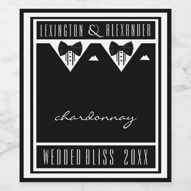 Zwei Grooms Tuxedo und Bow Krawatte Schwarz/Weiß Weinetikett (Einzelnes Label)