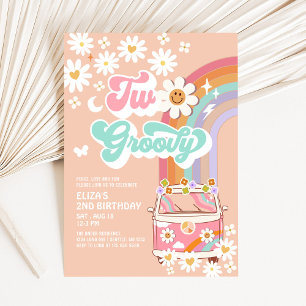 Zwei groovige rosa Gänseblümchen Regenbogen Van 2. Einladung