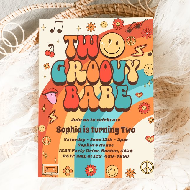 Zwei Groovy Babe Retro Rainbow 2. Party Einladung (Von Creator hochgeladen)