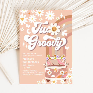 ZWEI Groovy Beige Mauve Daisy 2. Geburtstag Einladung