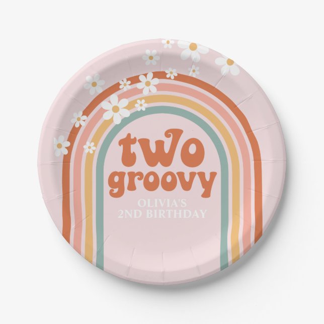 Zwei Groovy daisy boho floraler Regenbogen 2 Gebur Pappteller (Vorderseite)