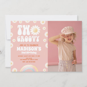 Zwei Groovy Daisy Rainbow Retro Foto 2. Geburtstag Einladung