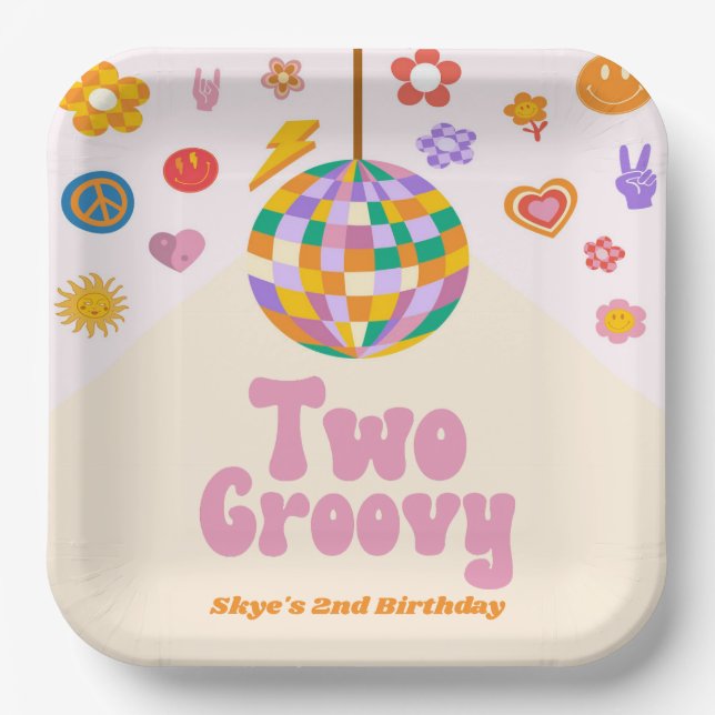 Zwei Groovy Disco Ball 2. Geburtstag Party Pappteller (Vorderseite)