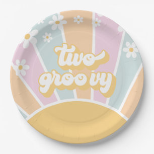 Zwei Groovy pastel Retro Sunshine daisy boho Pappteller