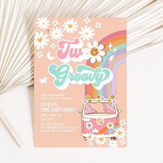 Zwei Groovy Pink Daisy Rainbow Van 2. Geburtstag Einladung
