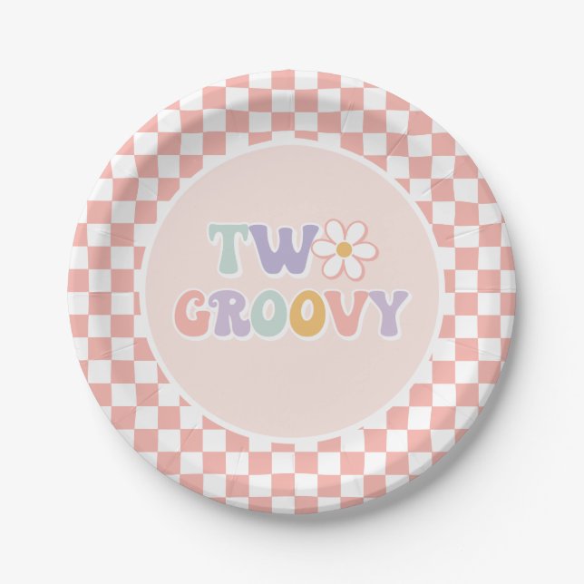 Zwei Groovy Pink Daisy Schachbrett Pappteller (Vorderseite)