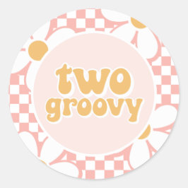 Zwei Groovy Pink Daisy Schachbrett Runder Aufkleber
