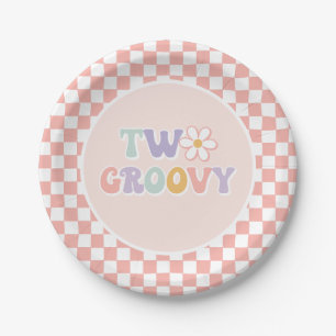 Zwei Groovy Pinke Gänseblümchen Karo Pappteller