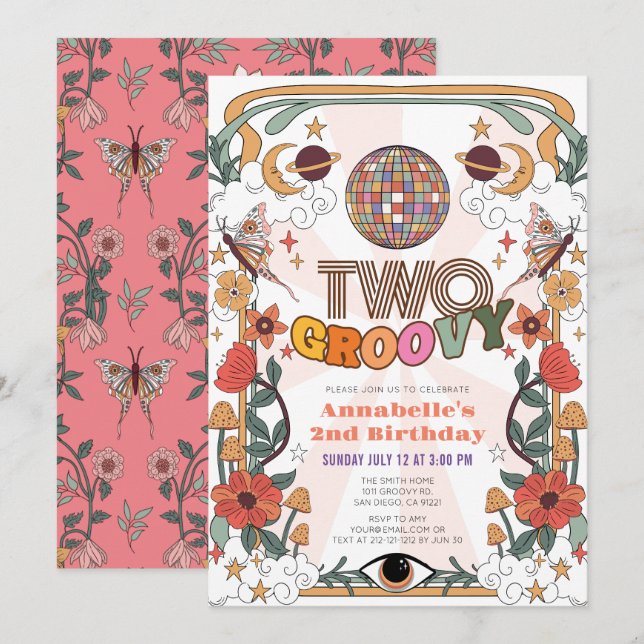 Zwei Groovy Psychedelic Retro Girl 2. Geburtstag Einladung (Vorne/Hinten)