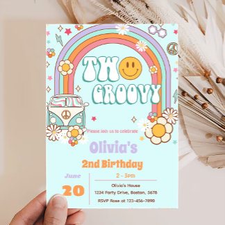 Zwei Groovy Rainbow Blume 2. Geburtstag Einladung