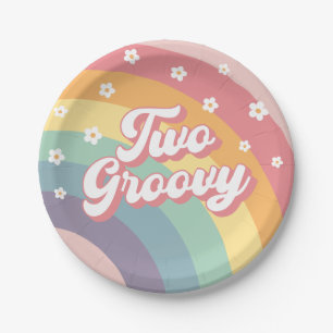 Zwei Groovy Retro 70er Rainbow Daisy 2. Geburtstag Pappteller