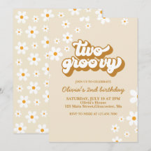 Zwei Groovy Retro Daisy 2. Geburtstag Einladung