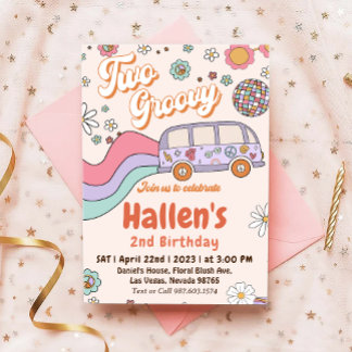 Zwei Groovy Retro Daisy Rainbow 2. Geburtstag Einladung