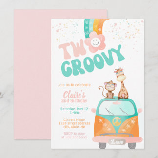 Zwei Groovy Retro Floral Regenbogen Tag Geburtstag Einladung