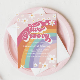 Zwei Groovy Retro Rainbow 2. Geburtstag Einladung