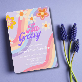 Zwei Groovy Retro Rainbow 2. Geburtstag Einladung