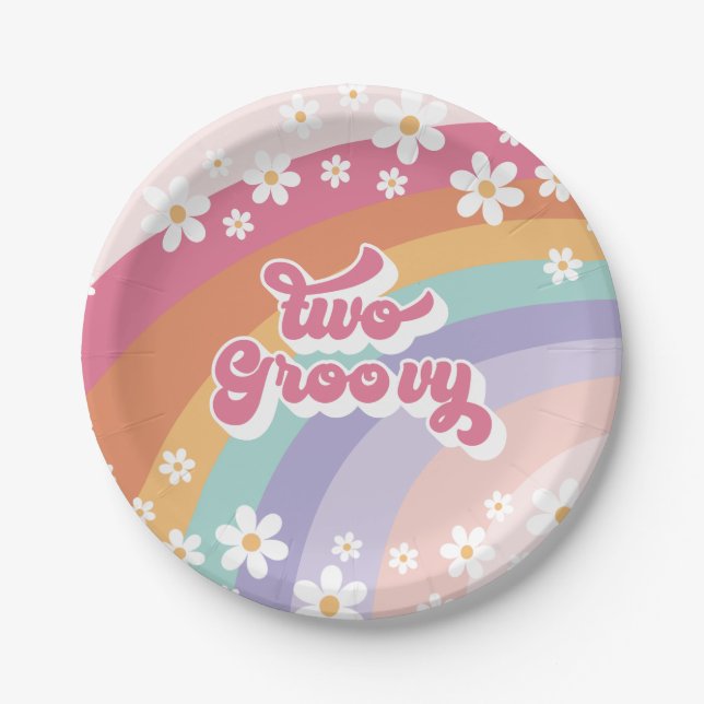Zwei Groovy Retro Rainbow 2. Geburtstag Pappteller (Vorderseite)