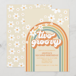 Zwei Groovy Retro Rainbow Daisy Birthday Einladung