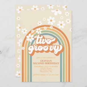 Zwei Groovy Retro Rainbow Daisy Birthday Einladung