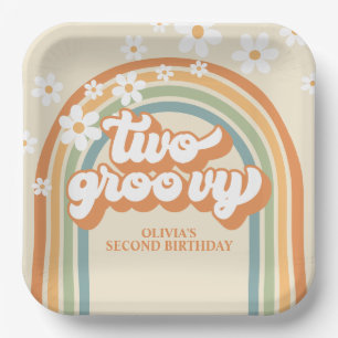 Zwei Groovy Retro Rainbow Daisy Birthday Pappteller