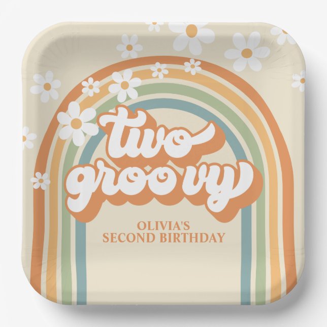 Zwei Groovy Retro Rainbow Daisy Birthday Pappteller (Vorderseite)