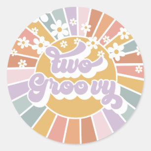 Zwei Groovy Retro Sonnenschein Regenbogen Gänseblü Runder Aufkleber