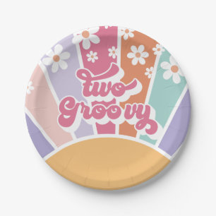 Zwei Groovy Retro Sunshine Rainbow Daisy Pappteller
