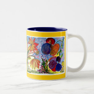 Zwei große blaue und orange Blumen-Tasse Zweifarbige Tasse