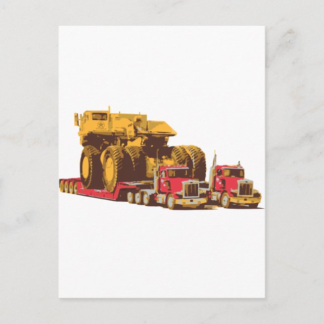Zwei große LKW mit einem riesigen Bergbaufahrzeug Postkarte (Vorderseite)