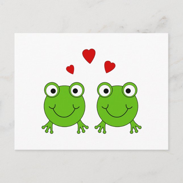 Zwei grüne Frösche mit roten Herzen. Postkarte (Vorderseite)