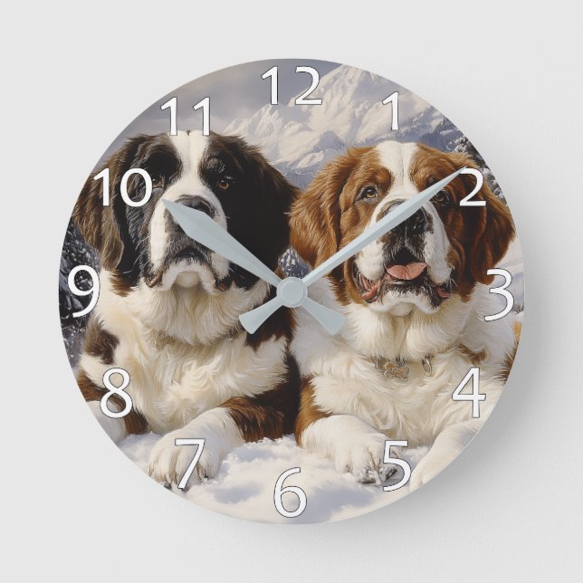 Zwei Heilige Bernards im Schnee Runde Wanduhr (Vorderseite)