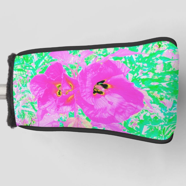 Zwei heiße Pink Pum Crazy Hibiskus in Lime Green Golf Headcover (Vorderseite)