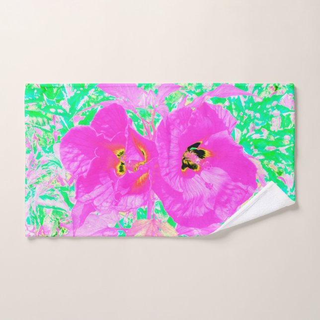 Zwei heiße Pink Pum Crazy Hibiskus in Lime Green Handtuch (Handtuch)