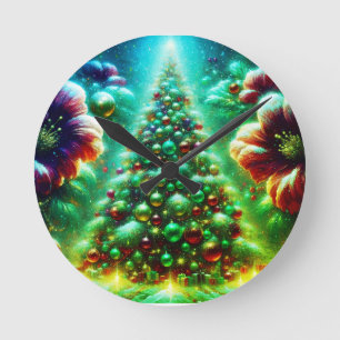 Zwei hell dekorierte Weihnachtsbäume in einem mode Runde Wanduhr